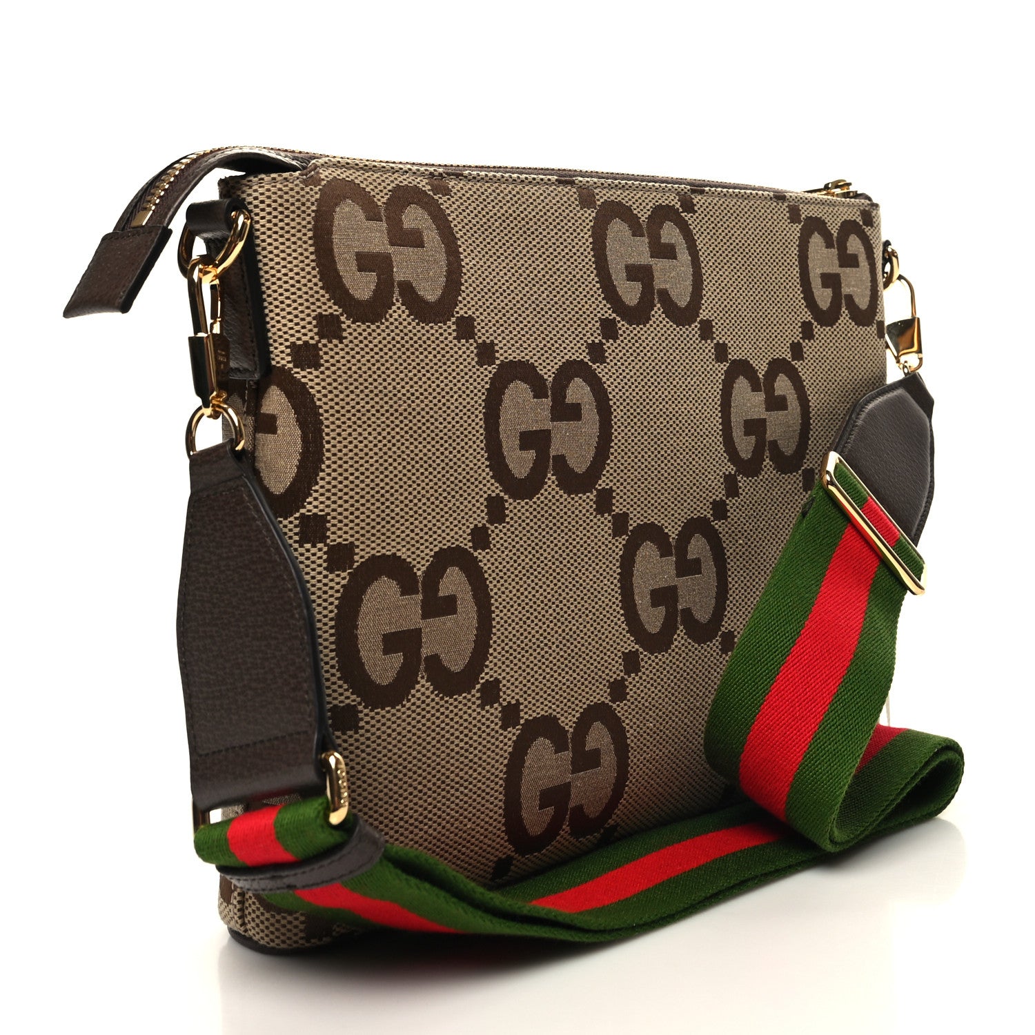 Gucci Monogram Jumbo GG Textured Dollar Calfskin Web Wristlet Messenger Bag Camel Ebony New Acero 3 of 11