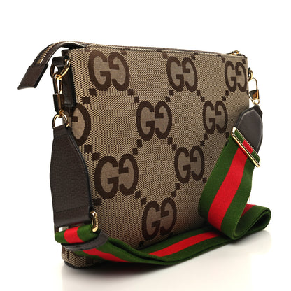 Gucci Monogram Jumbo GG Textured Dollar Calfskin Web Wristlet Messenger Bag Camel Ebony New Acero 3 of 11