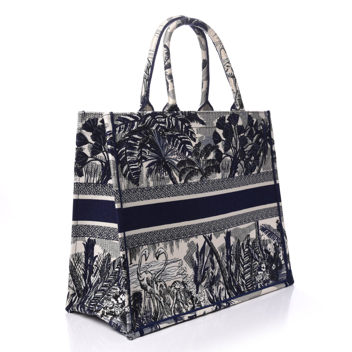 Canvas Embroidered Large Palm Tree Toile De Jouy Book Tote Blue