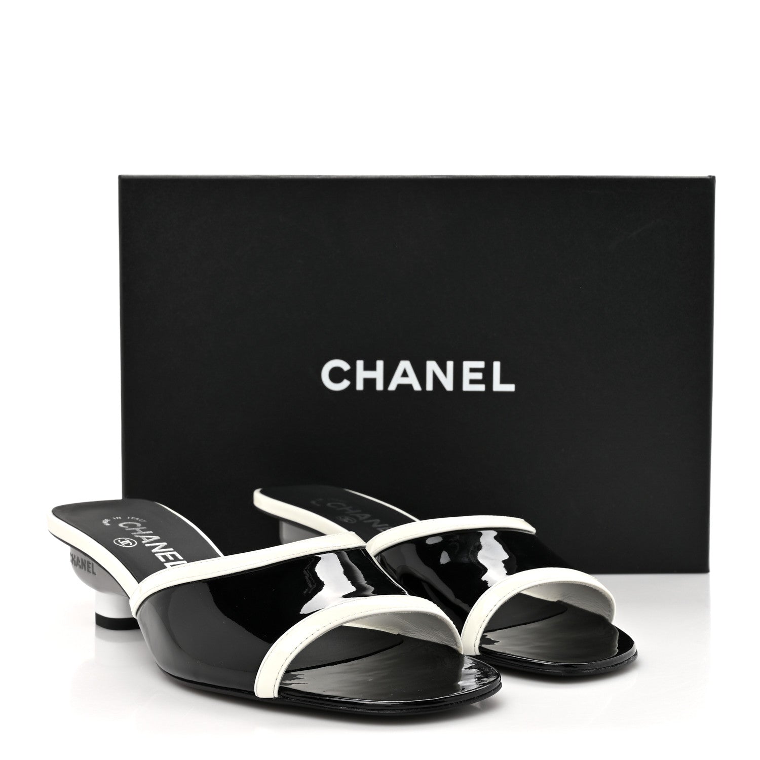 Chanel Patent Calfskin Mules 37.5 Black White 11 of 11