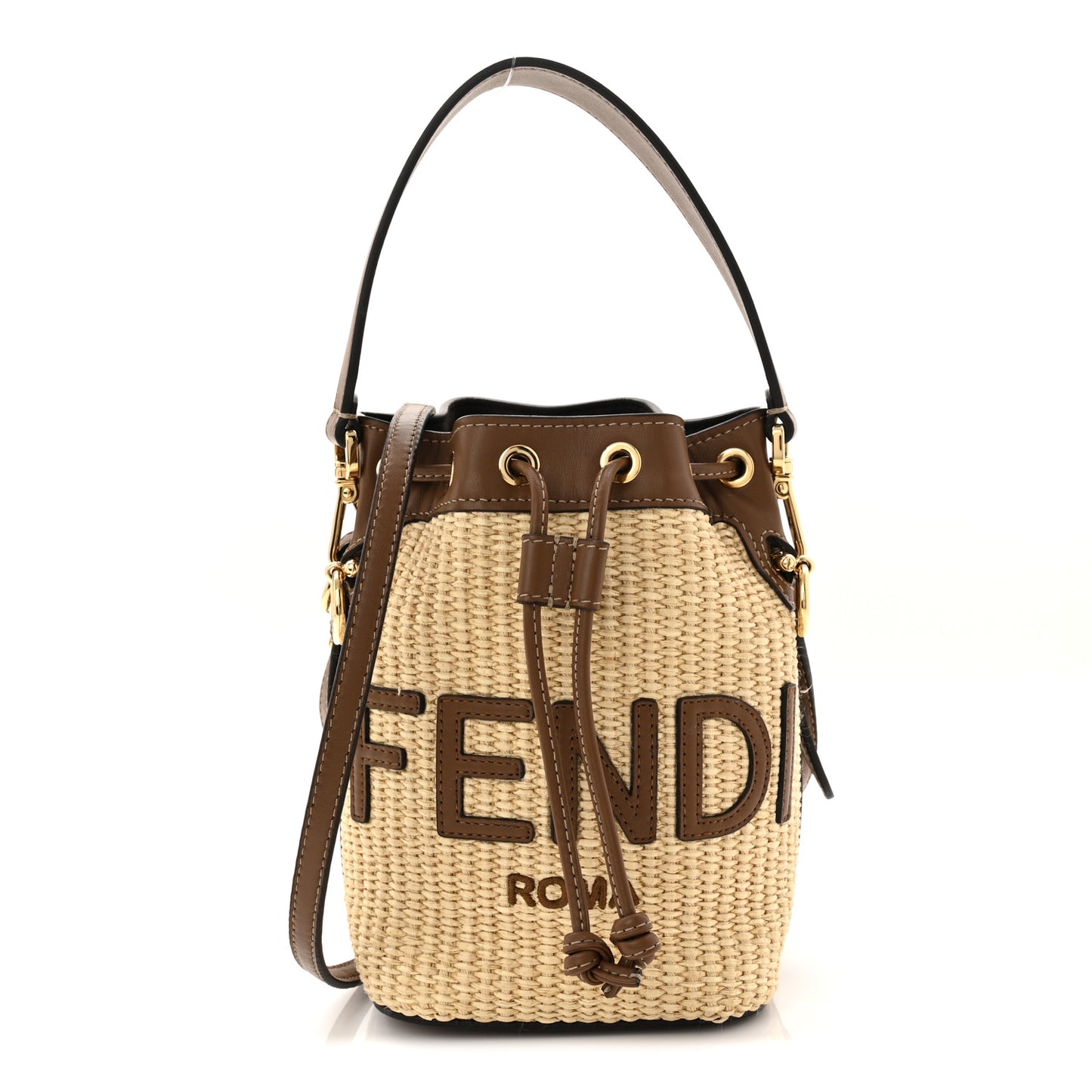 Straw F is Fendi Logo Crochet Mini Mon Tresor Bucket Bag Naturale Black