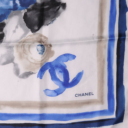 Chanel Silk CC Watercolor Camellia Flower Scarf White Blue 3 of 5