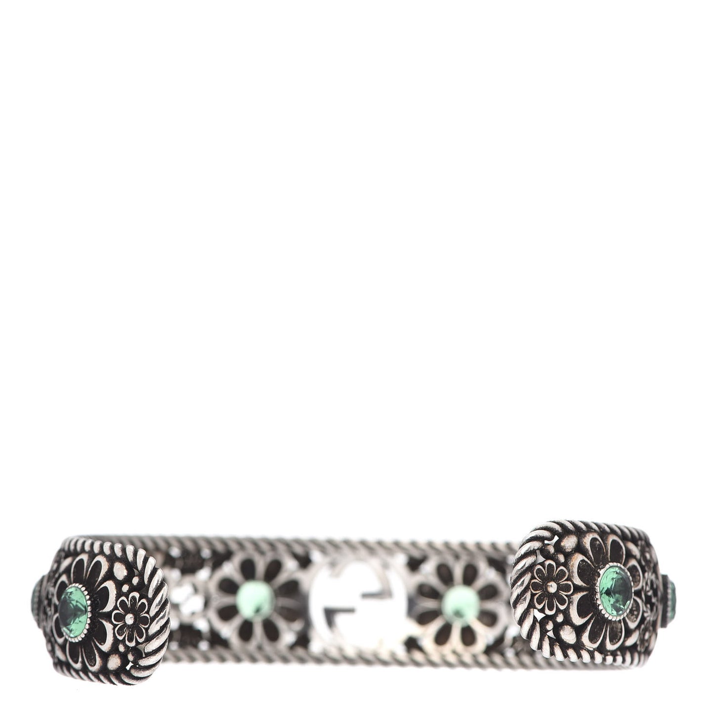 Sterling Silver Crystal Garden Interlocking G Cuff Bracelet Green