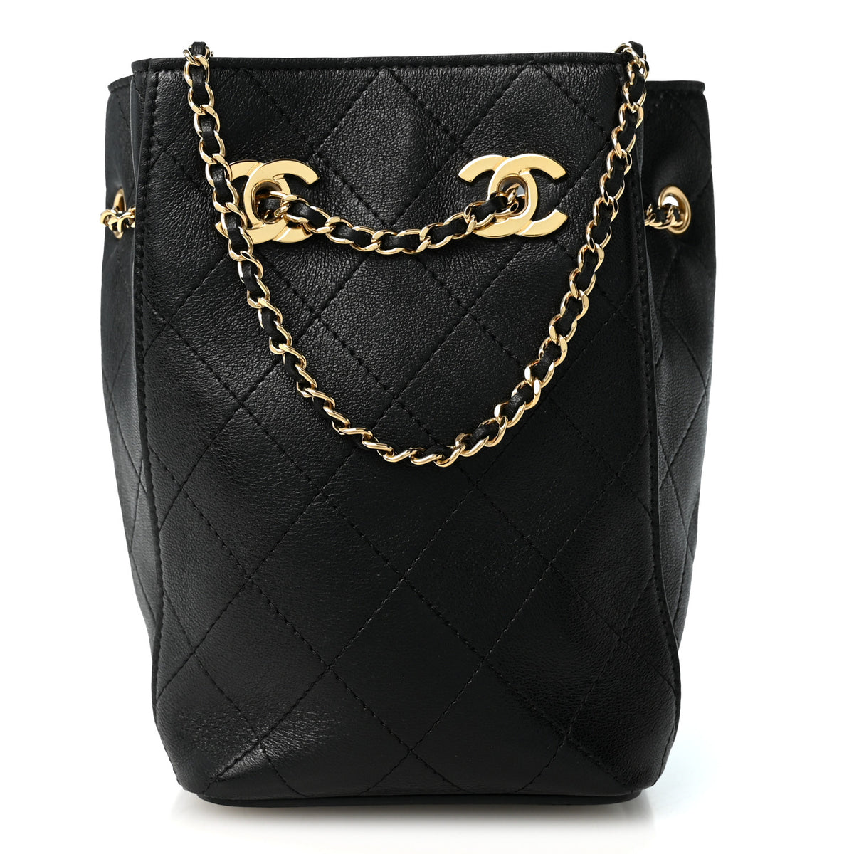 Lambskin Quilted Mini Bucket Bag With Chain  Black