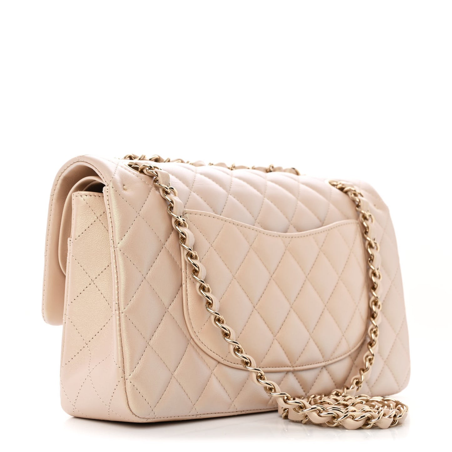 Iridescent Calfskin Quilted Medium Double Flap Beige