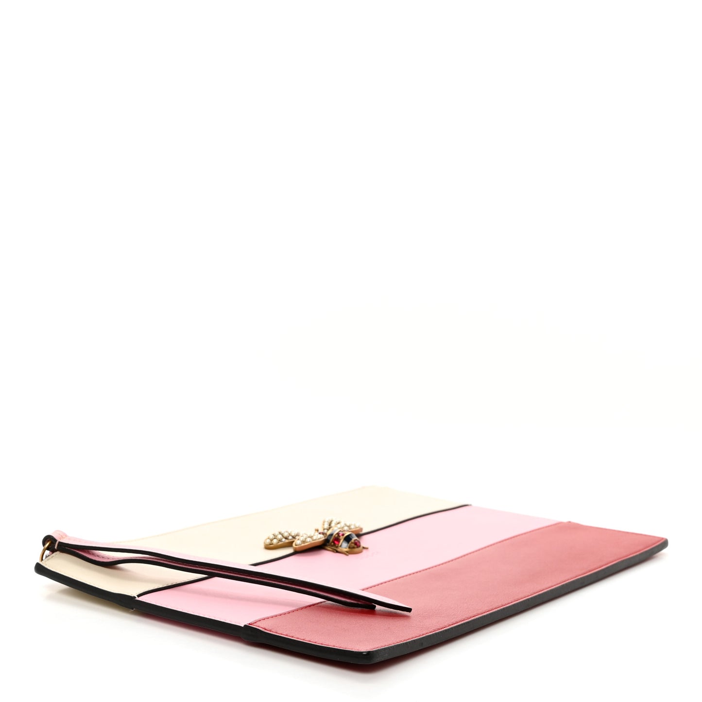 Calfskin Striped Oversized Bee Zip Pouch White Pink Red