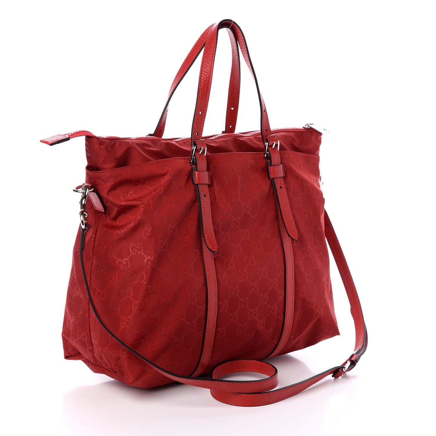 Gucci Nylon Monogram Dollar Calfskin Tote Vibrant Red 3 of 9