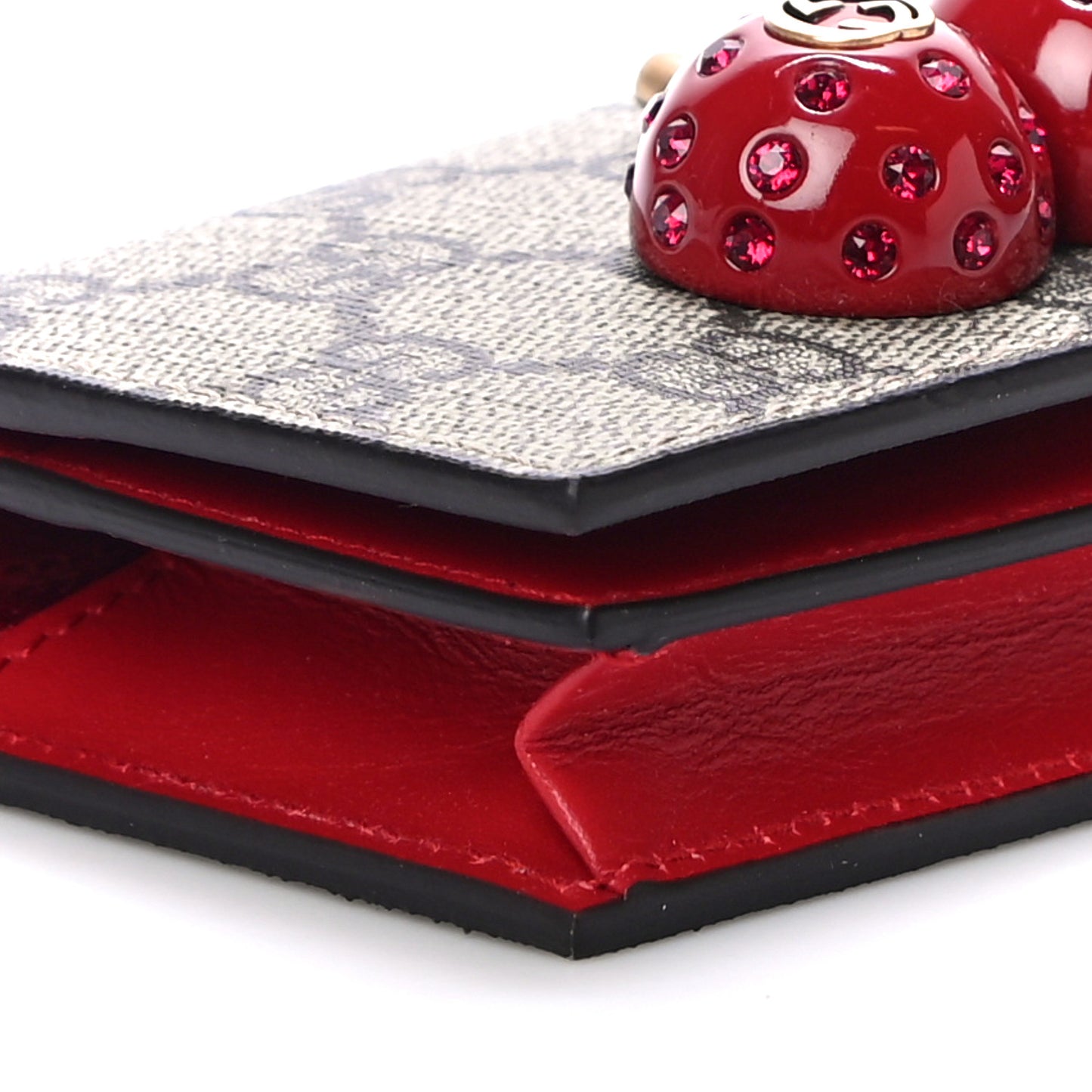 GG Supreme Monogram Cherry Embellished Card Case Wallet Hibiscus Red