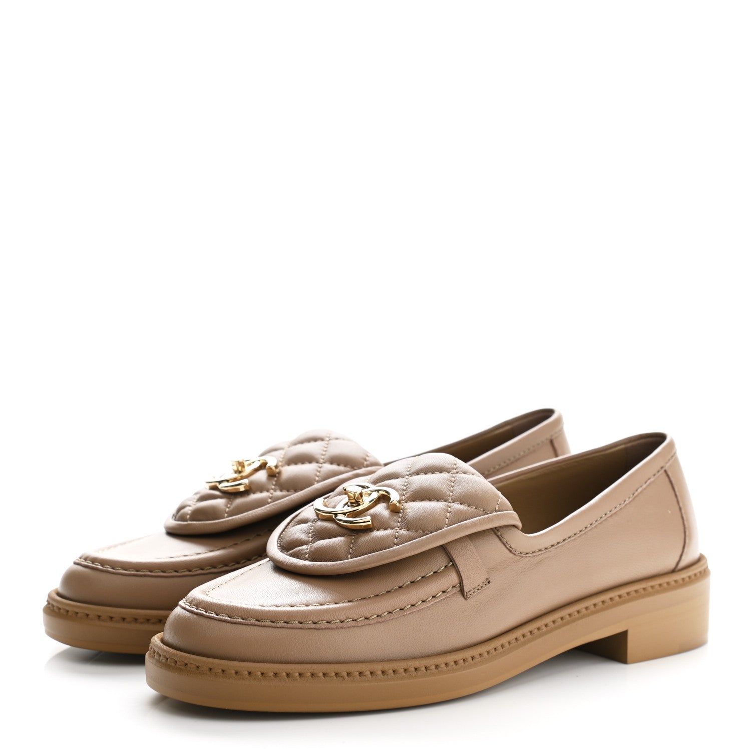 Chanel Lambskin Quilted CC Turnlock Loafers 36.5 Beige 1083461