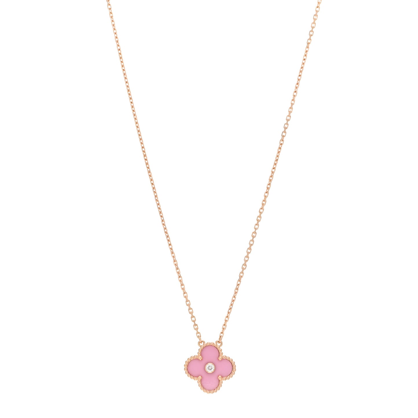 18K Rose Gold Diamond Pink Porcelain Vintage Alhambra Pendant Necklace