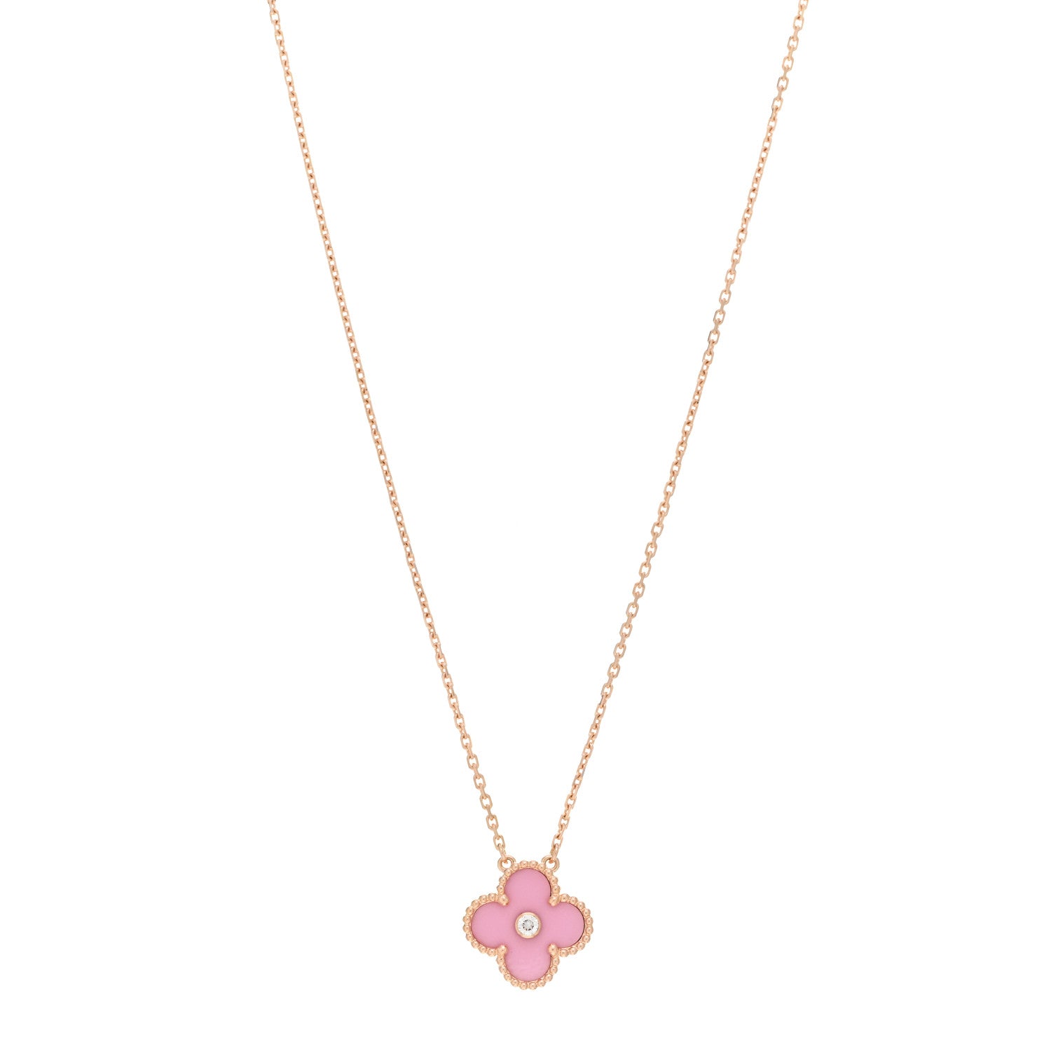 Van Cleef & Arpels 18K Rose Gold Diamond Pink Porcelain Vintage Alhambra Pendant Necklace 1 of 5