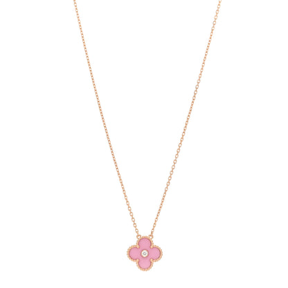 Van Cleef & Arpels 18K Rose Gold Diamond Pink Porcelain Vintage Alhambra Pendant Necklace 1 of 5
