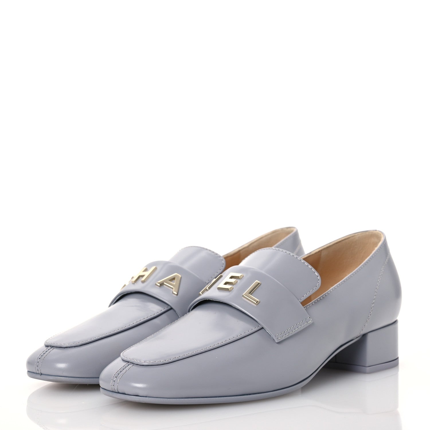 Chanel Shiny Calfskin Logo Loafers 37 Light Grey 3 of 11