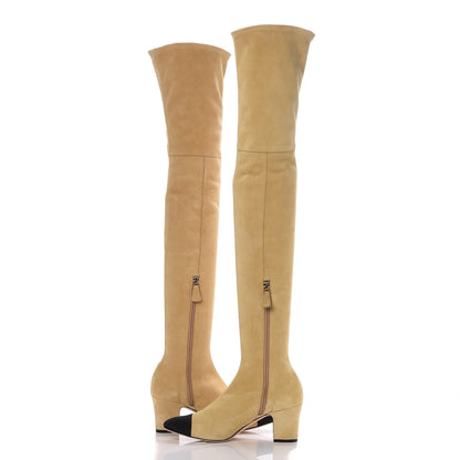 Chanel Suede Lambskin Grosgrain Stretch Cap Toe Over The Knee Boots 37.5 Beige Black 5 of 7