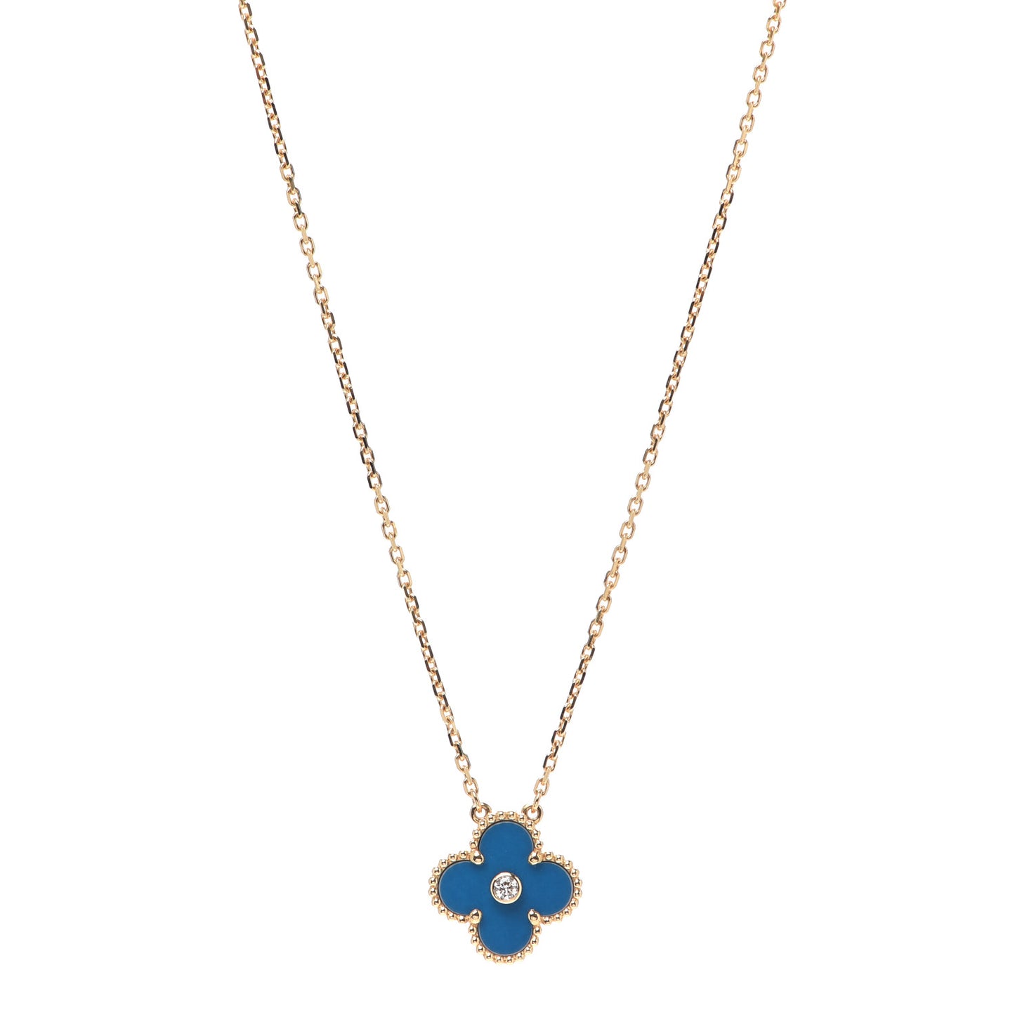 18K Yellow Gold Diamond Celestial Blue Sevres Porcelain Vintage Alhambra Pendant Necklace