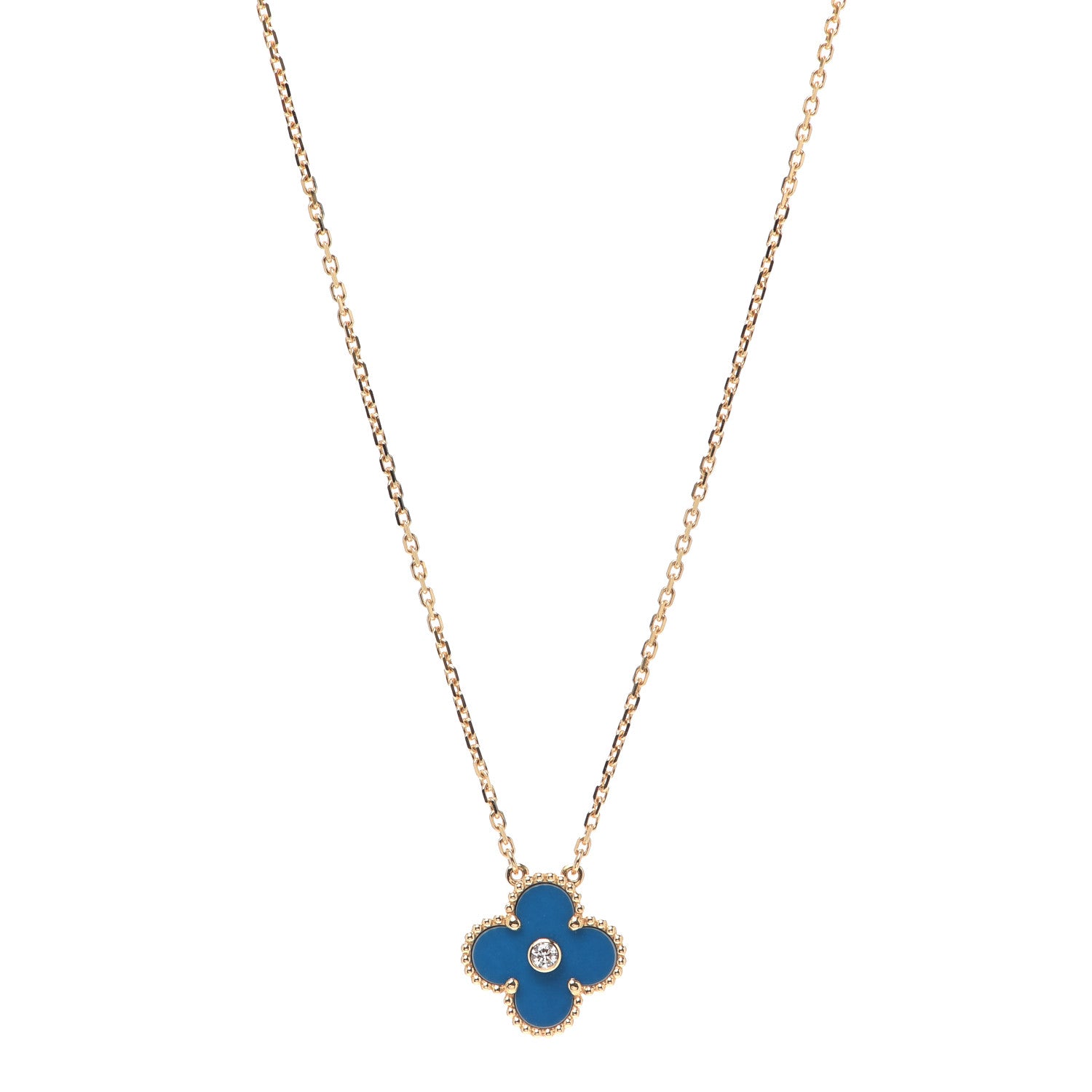 Van Cleef & Arpels 18K Yellow Gold Diamond Celestial Blue Sevres Porcelain Vintage Alhambra Pendant Necklace 1 of 6