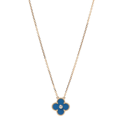 Van Cleef & Arpels 18K Yellow Gold Diamond Celestial Blue Sevres Porcelain Vintage Alhambra Pendant Necklace 1 of 6