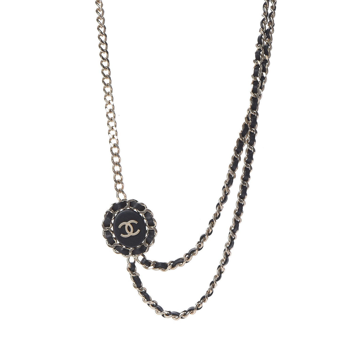 Lambskin CC Long Chain Necklace Black Gold