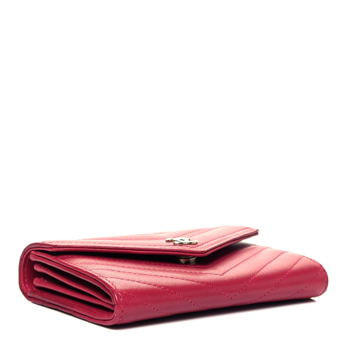Calfskin Chevron Quilted Compact Flap Wallet Dark Pink