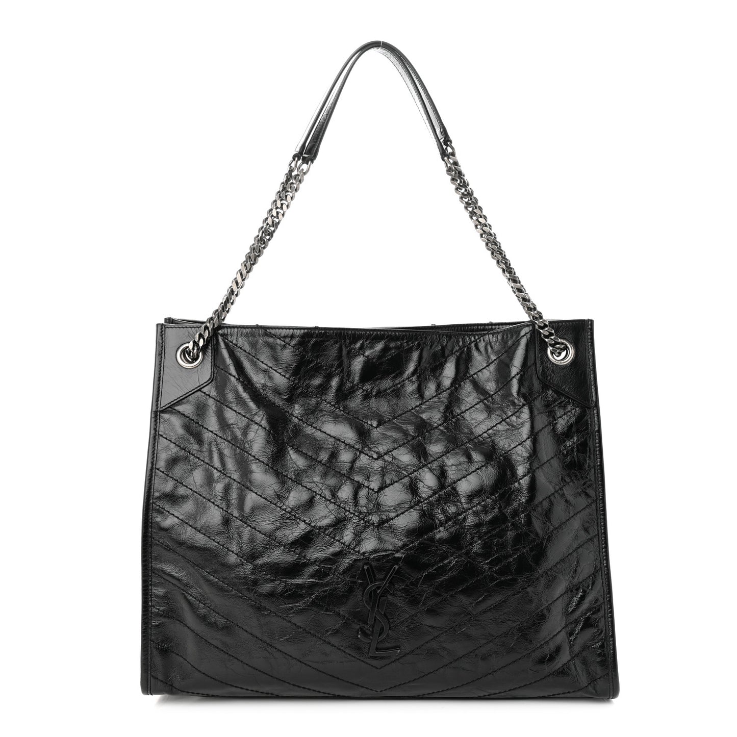 Crinkled Calfskin Matelasse Monogram Medium Niki Shopper Tote Black