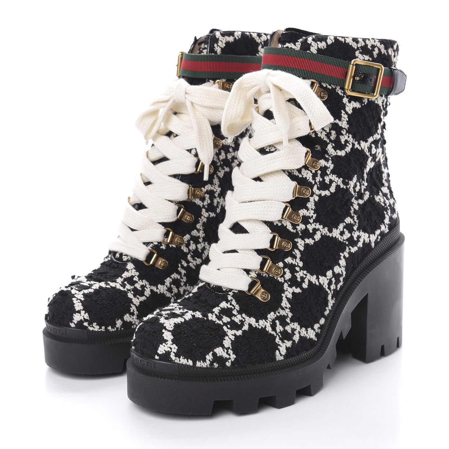 Tweed GG Monogram Lace Up Combat Ankle Boots 41 Black
