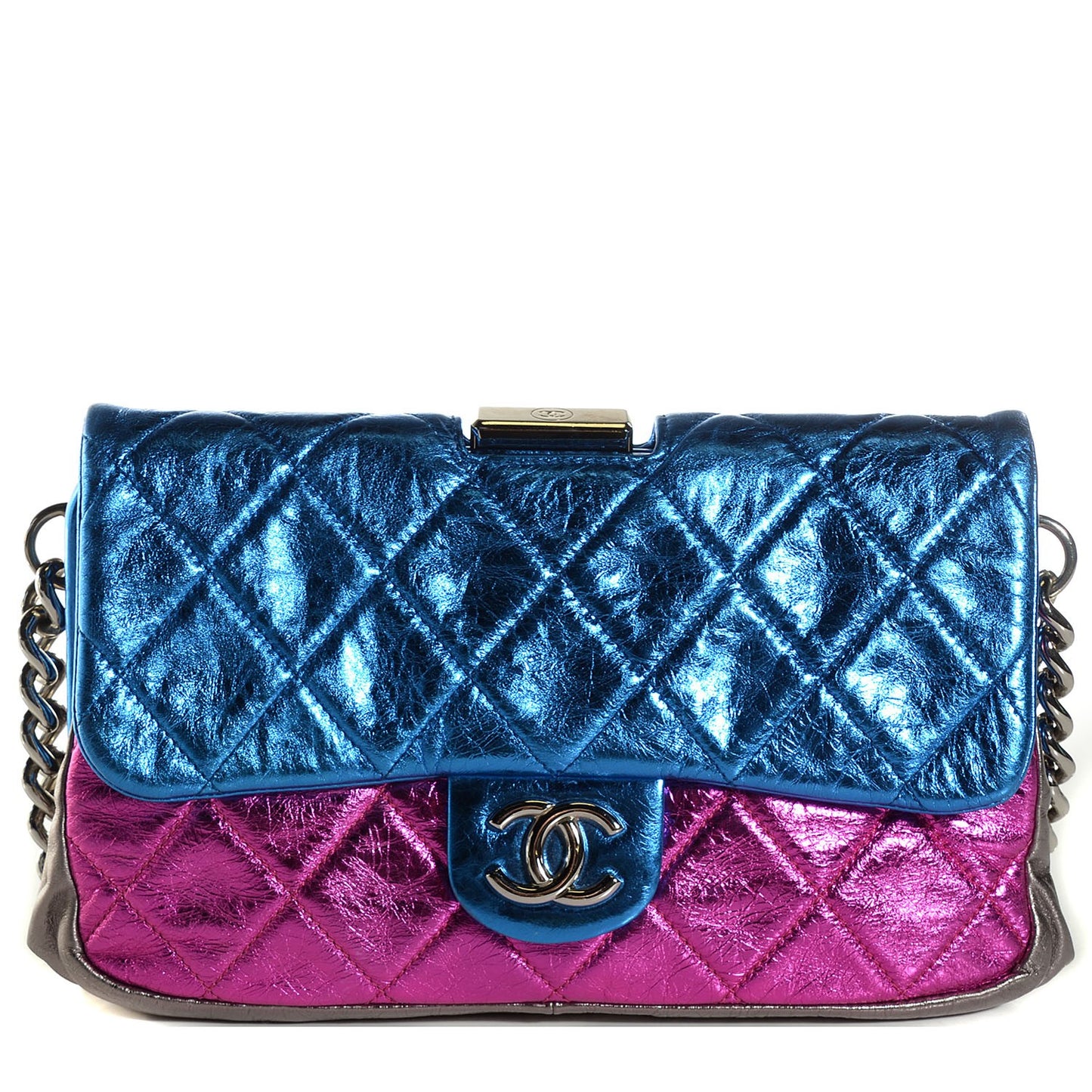 Metallic Calfskin Quilted Modern Chain Flap Frame Bag Multicolor