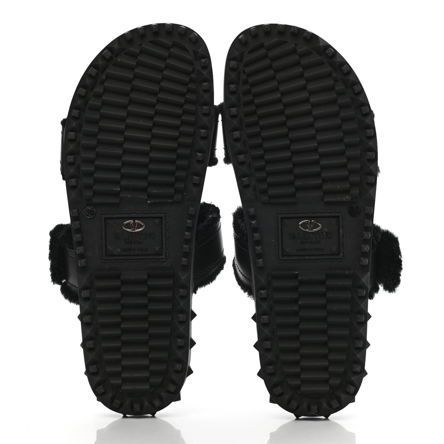 Shearling Rockstud Slide Sandals 38 Black