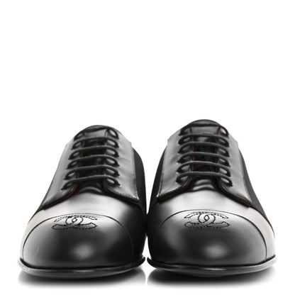 Chanel Calfskin Elastic Lace Up Cap Toe CC Loafers 37.5 Black 3 of 9