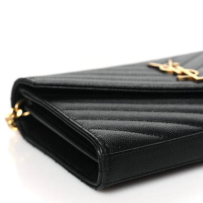 Saint Laurent Grain De Poudre Matelasse Chevron Monogram Chain Wallet Black 8 of 9