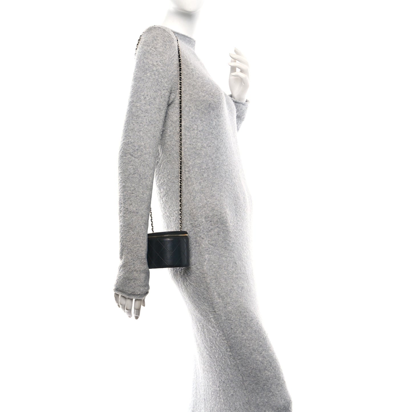 Lambskin Quilted Round Small Vanity Case With Chain Black