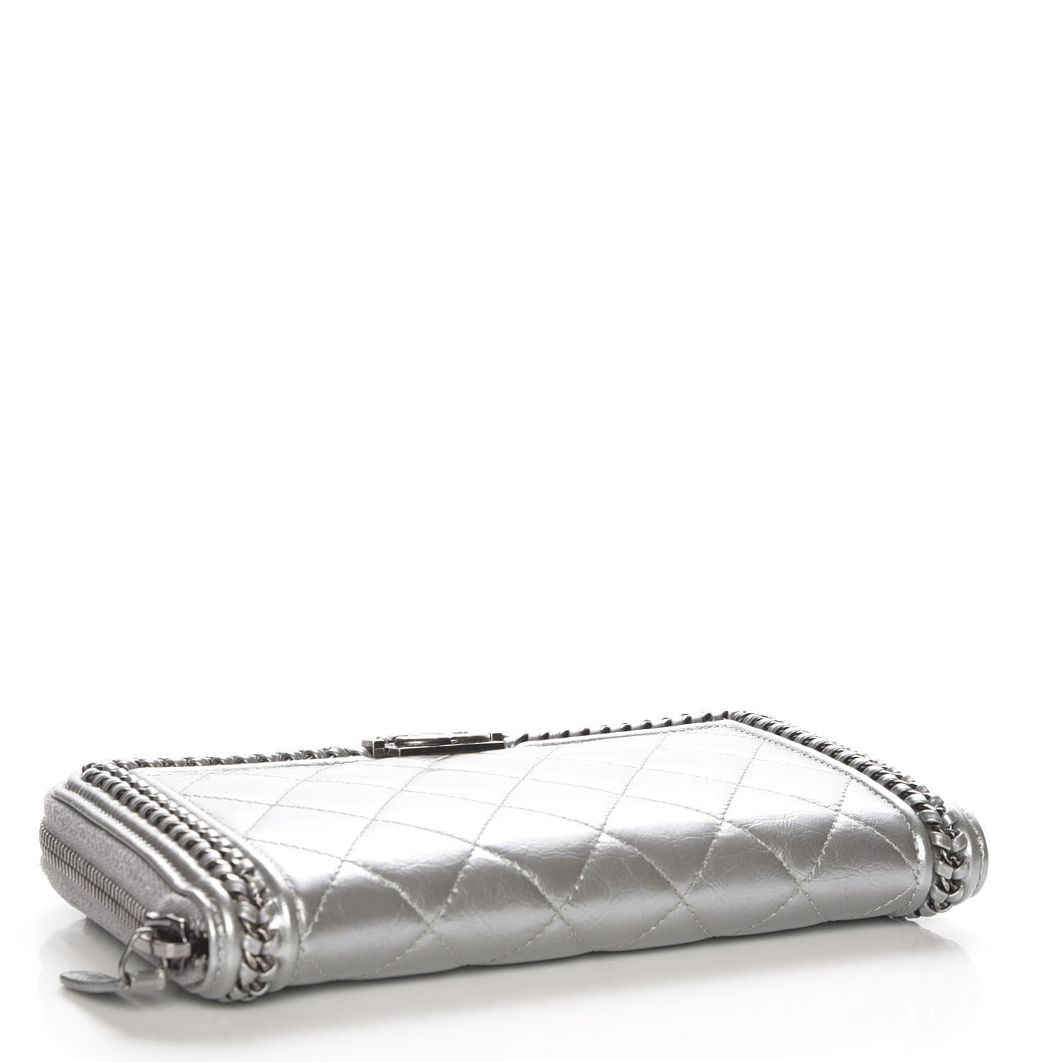 Chanel Metallic Calfskin Quilted Boy Chain Large Gusset Zip Around Wallet Silver 4 of 9