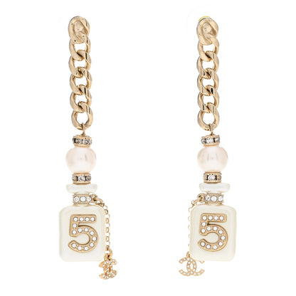 Chanel Pearl Resin Crystal CC No 5 Perfume Bottle Chain Drop Earrings Gold Pearly White 1 of 5