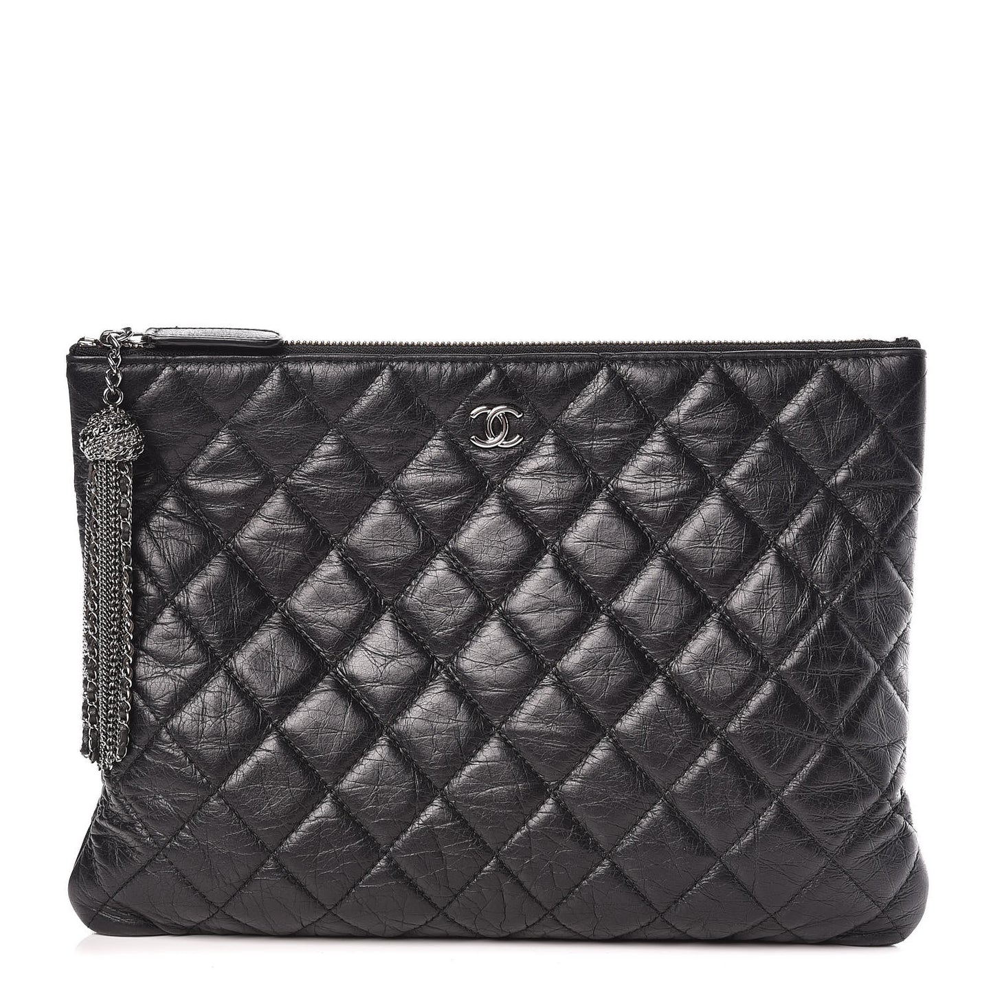 Aged Calfskin Quilted Medium Tassel Cosmetic Case Grey