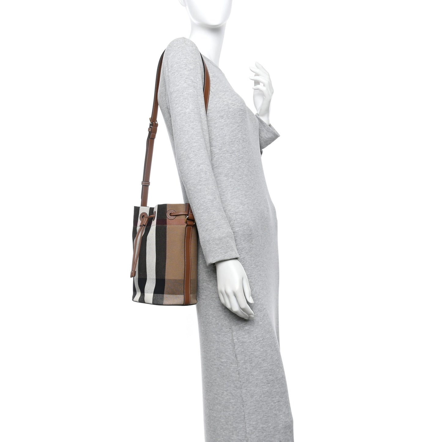Giant Check Canvas Small Bucket Bag Taupe Brown