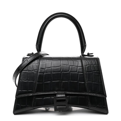 Balenciaga Shiny Calfskin Monochrome Crocodile Embossed Small Hourglass Top Handle Bag Black 1 of 11