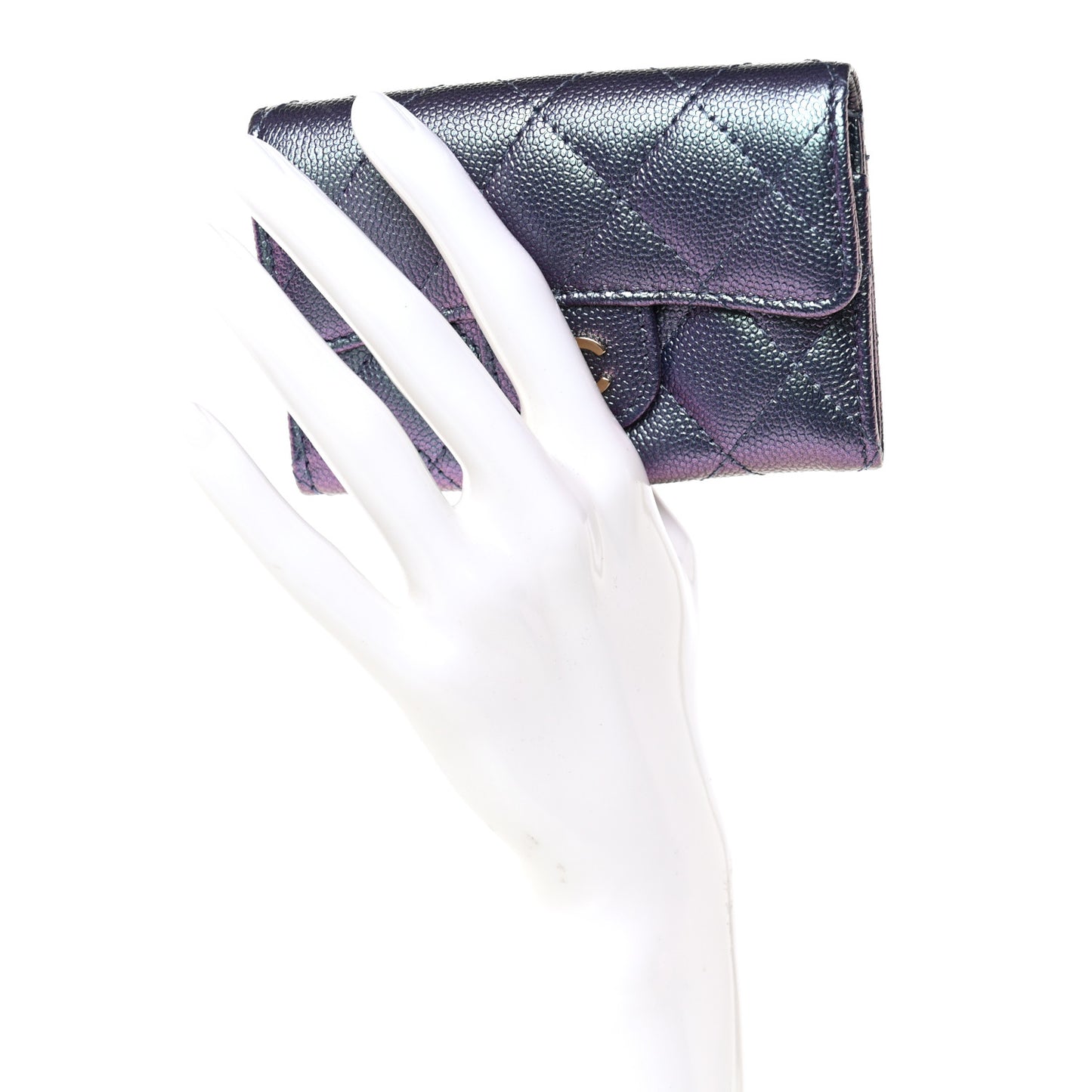 Iridescent Caviar Flap Quilted Card Holder Wallet Purple