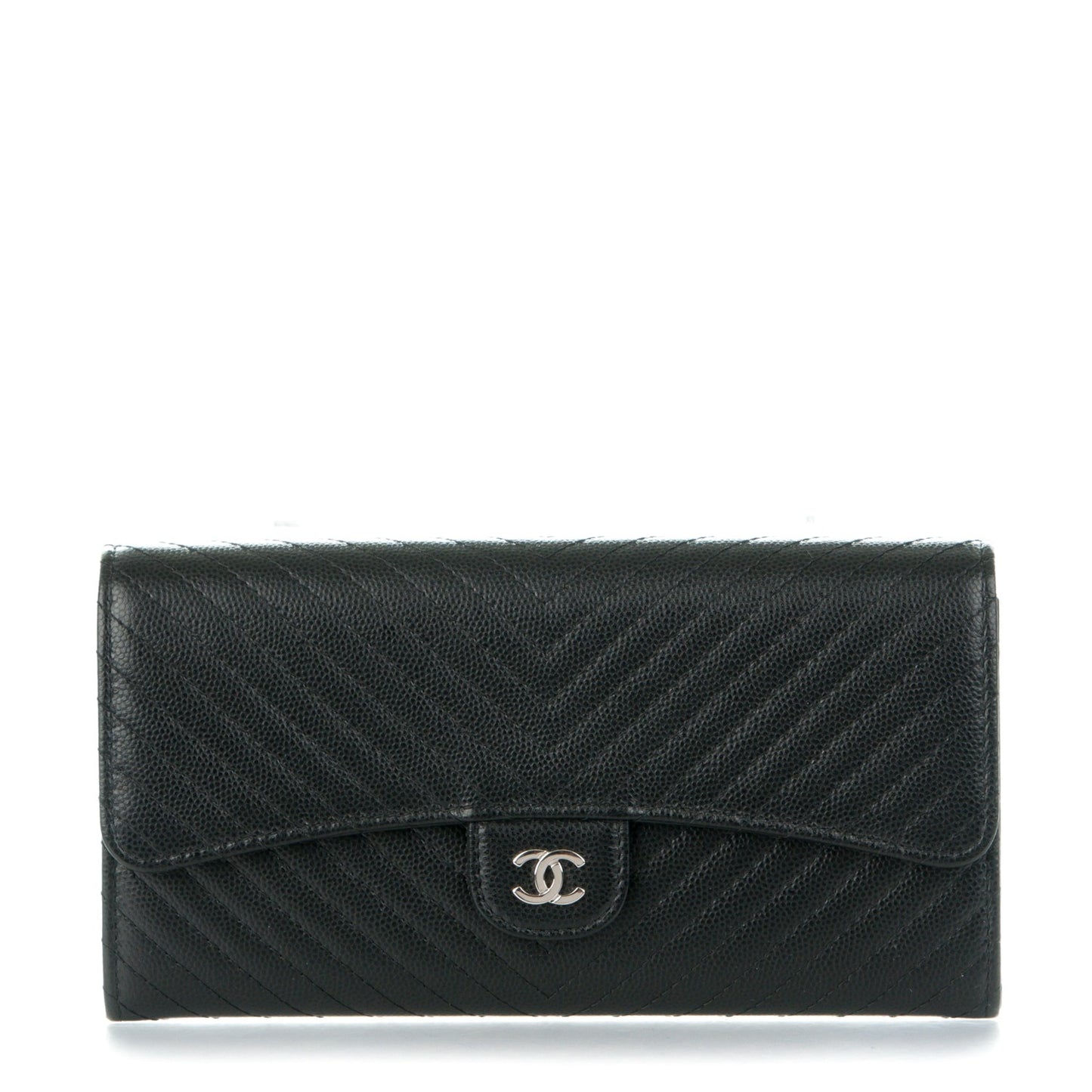 Caviar Chevron Quilted Large Flap Wallet Black