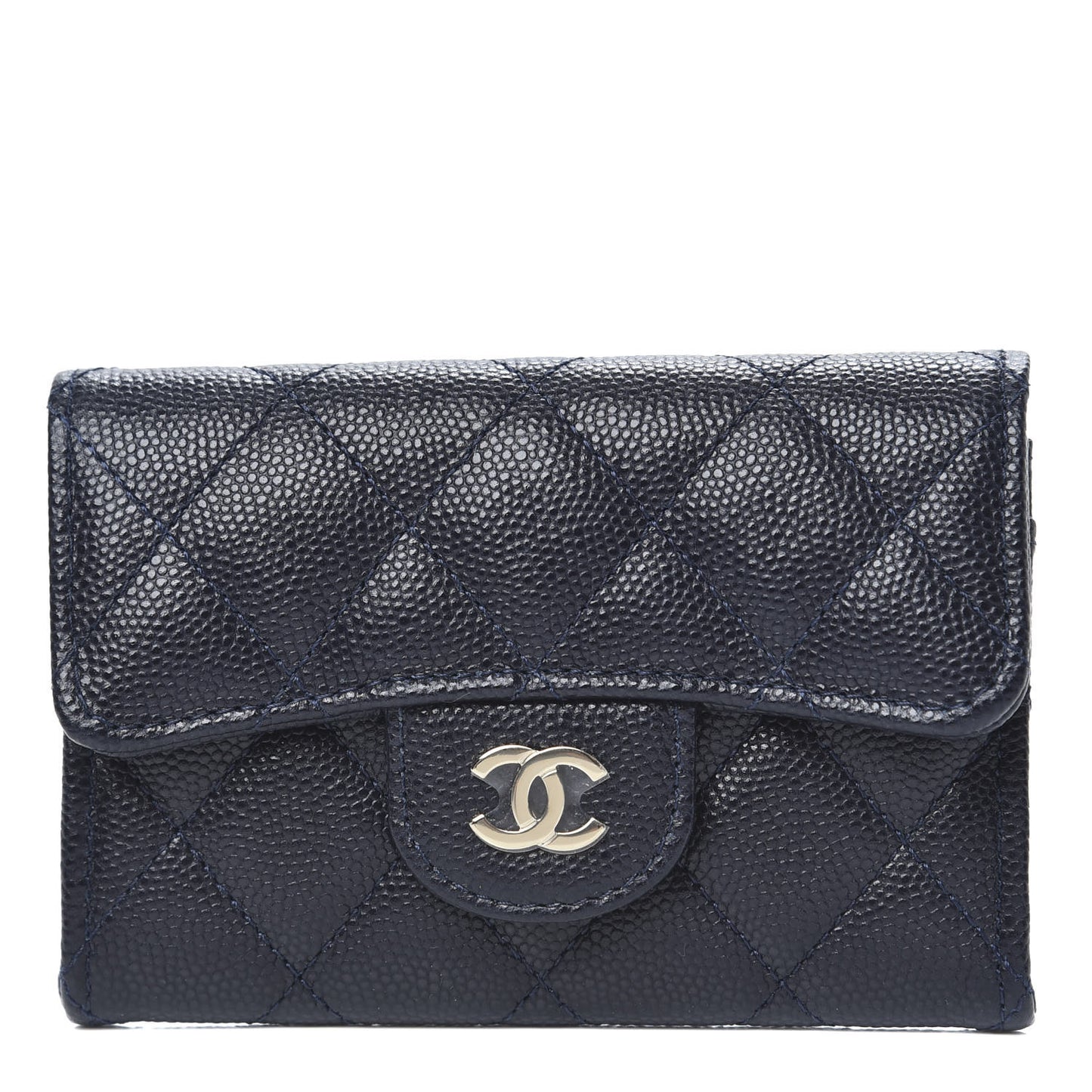 Caviar Quilted Flap Card Holder Wallet Navy Blue