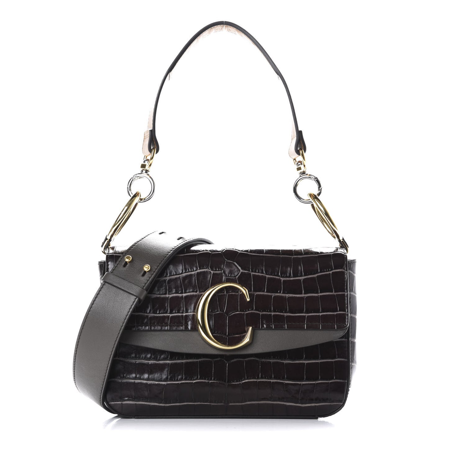 Calfskin Crocodile Embossed Small C Double Carry Profound Brown