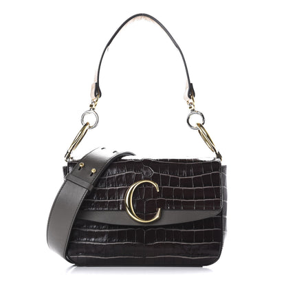 Chloe Calfskin Crocodile Embossed Small C Double Carry Profound Brown 1 of 12