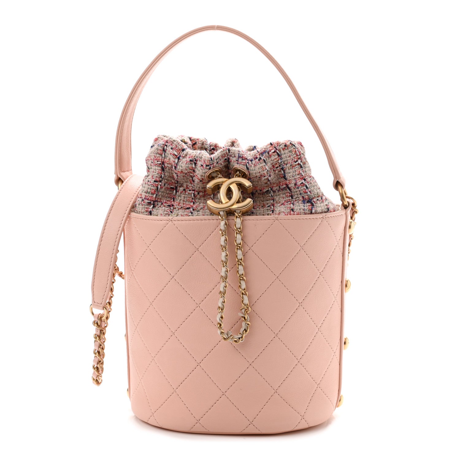 Chanel Calfskin Tweed Small CC Chain Bucket Drawstring Bag Light Pink 1 of 10