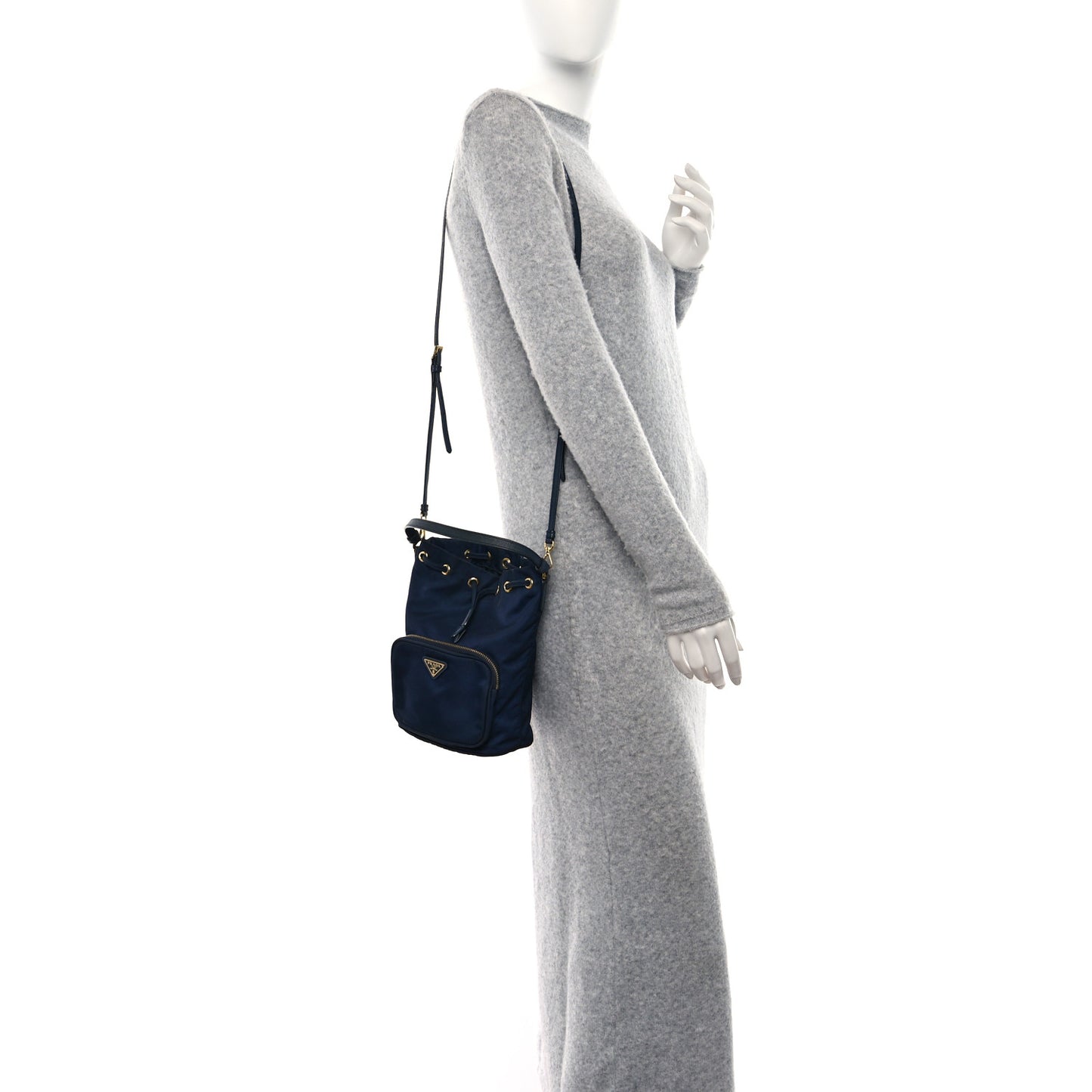 Saffiano Tessuto Nylon Mini Bucket Crossbody Bag Navy