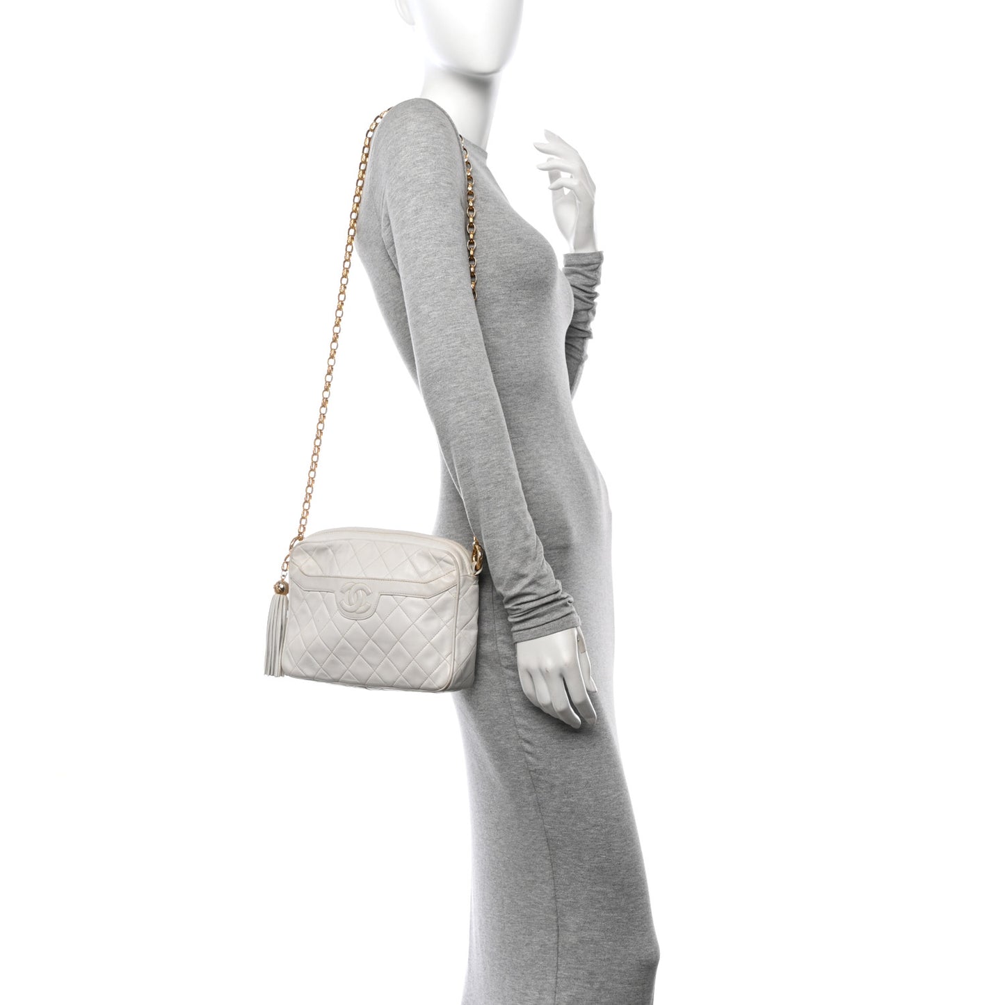 Lambskin Quilted Tassel Camera Case White