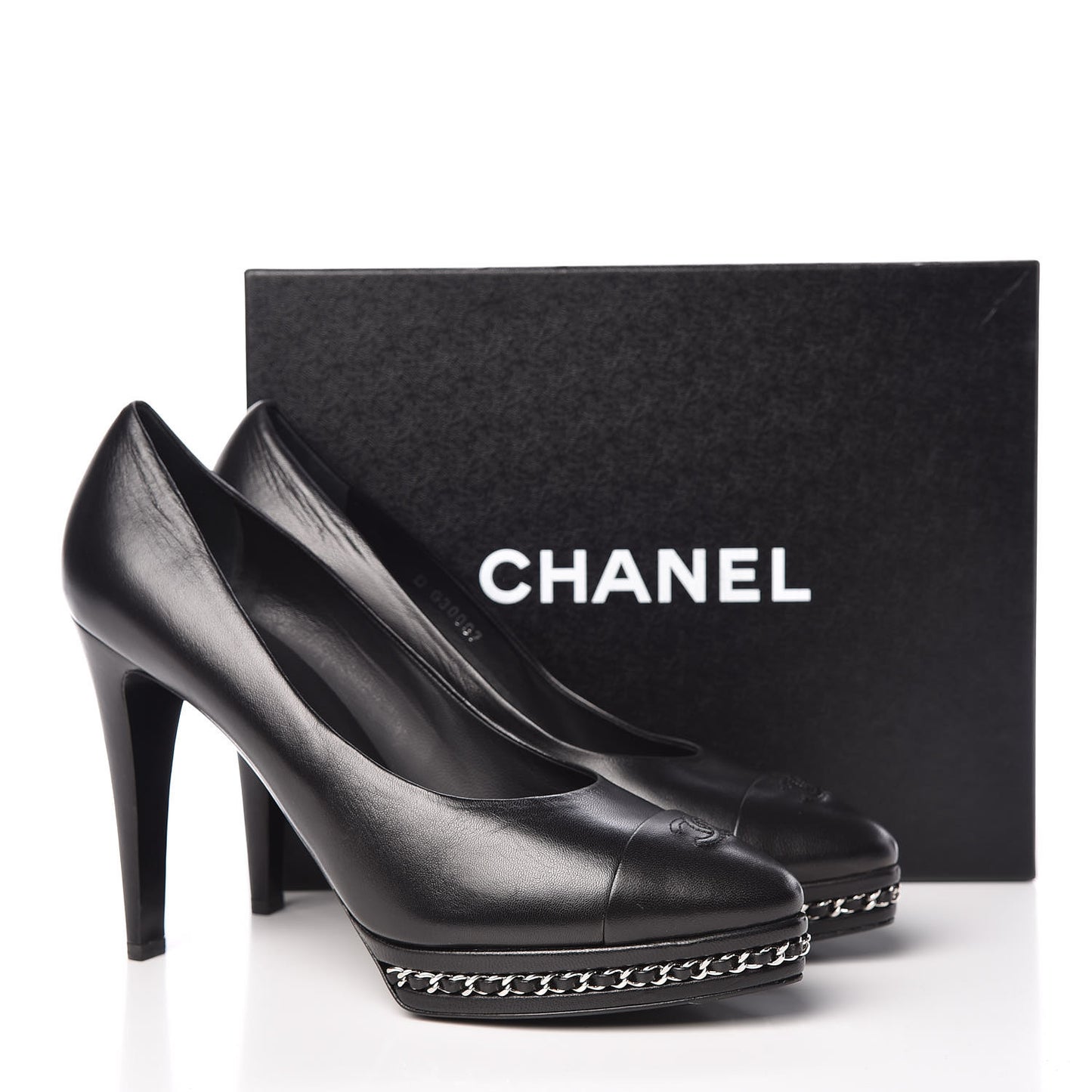 Lambskin CC Cap Toe Platform Chain Pumps 42 Black