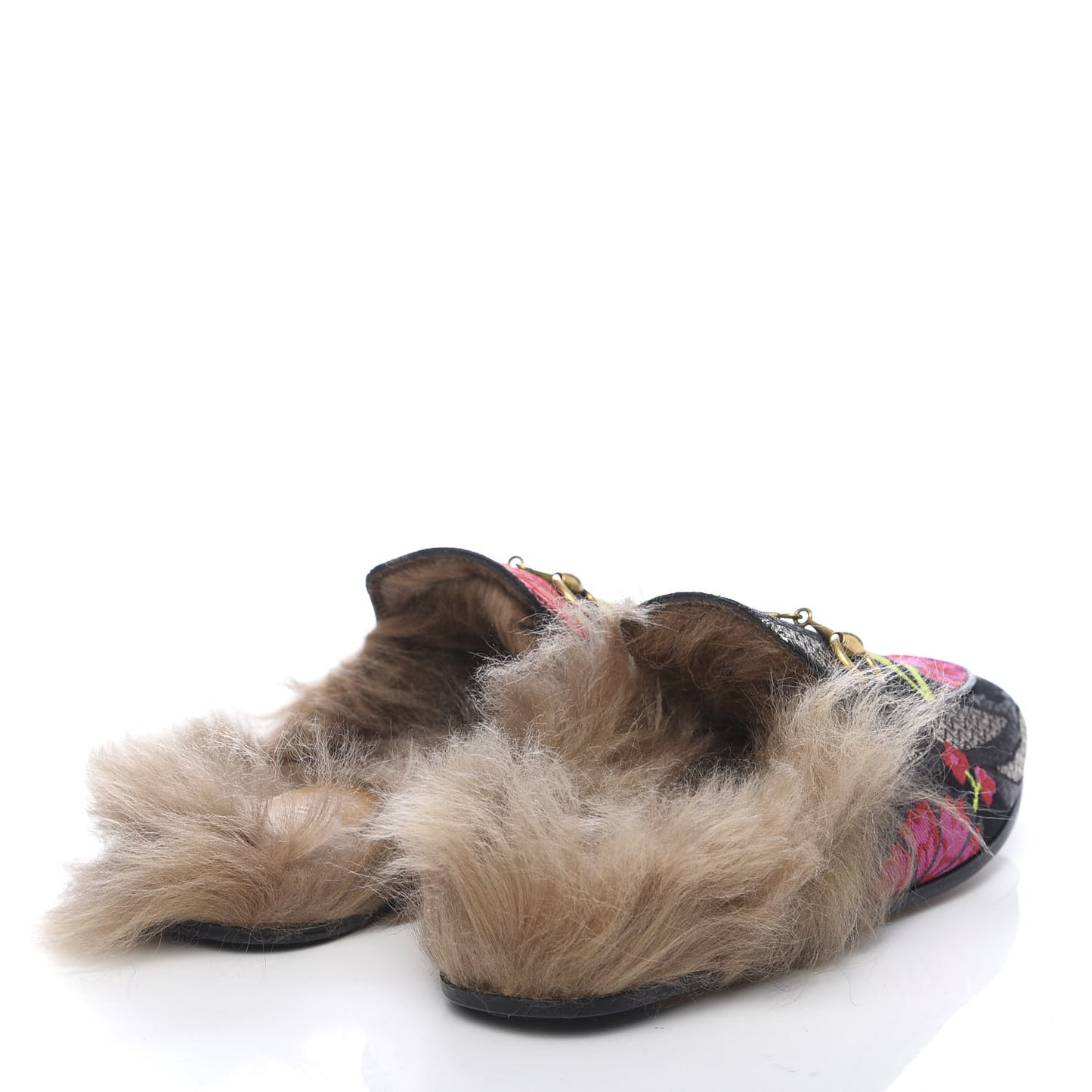 Brocade Fur Floral Womens Princetown Slippers 36 Black Anthracite