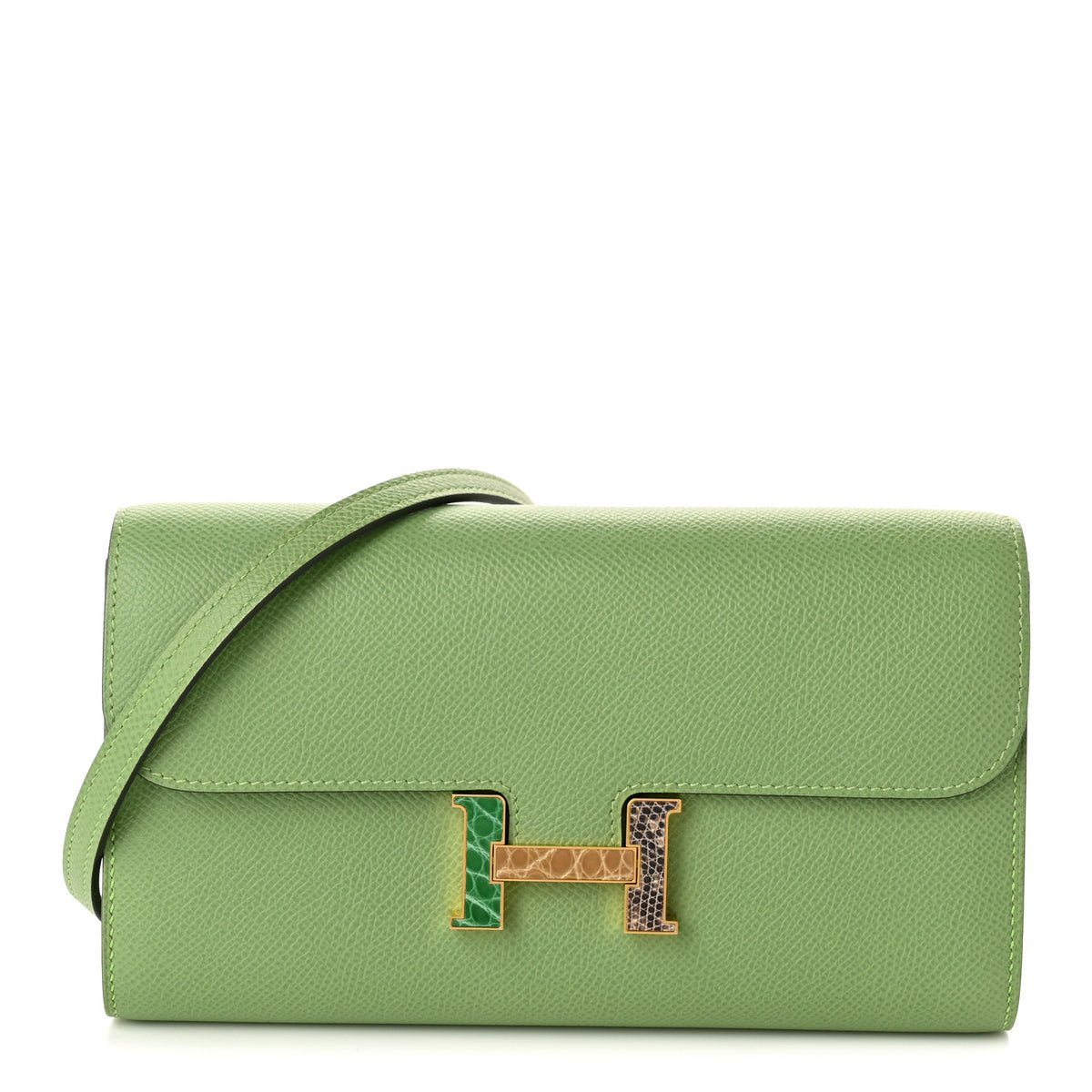 Epsom Alligator Lizard Constance Wallet To Go Vert Criquet Cactus Beige Sable Ombre