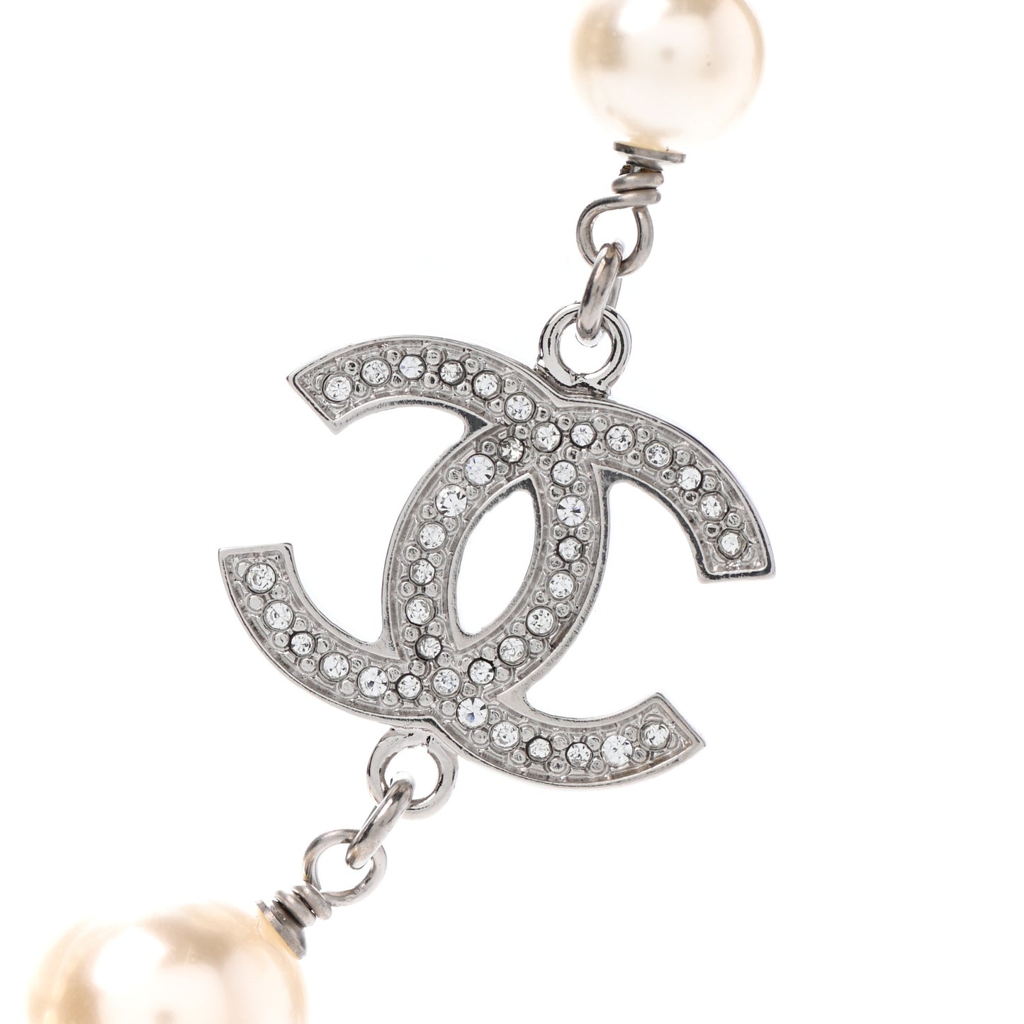 Crystal Pearl CC Long Necklace Silver