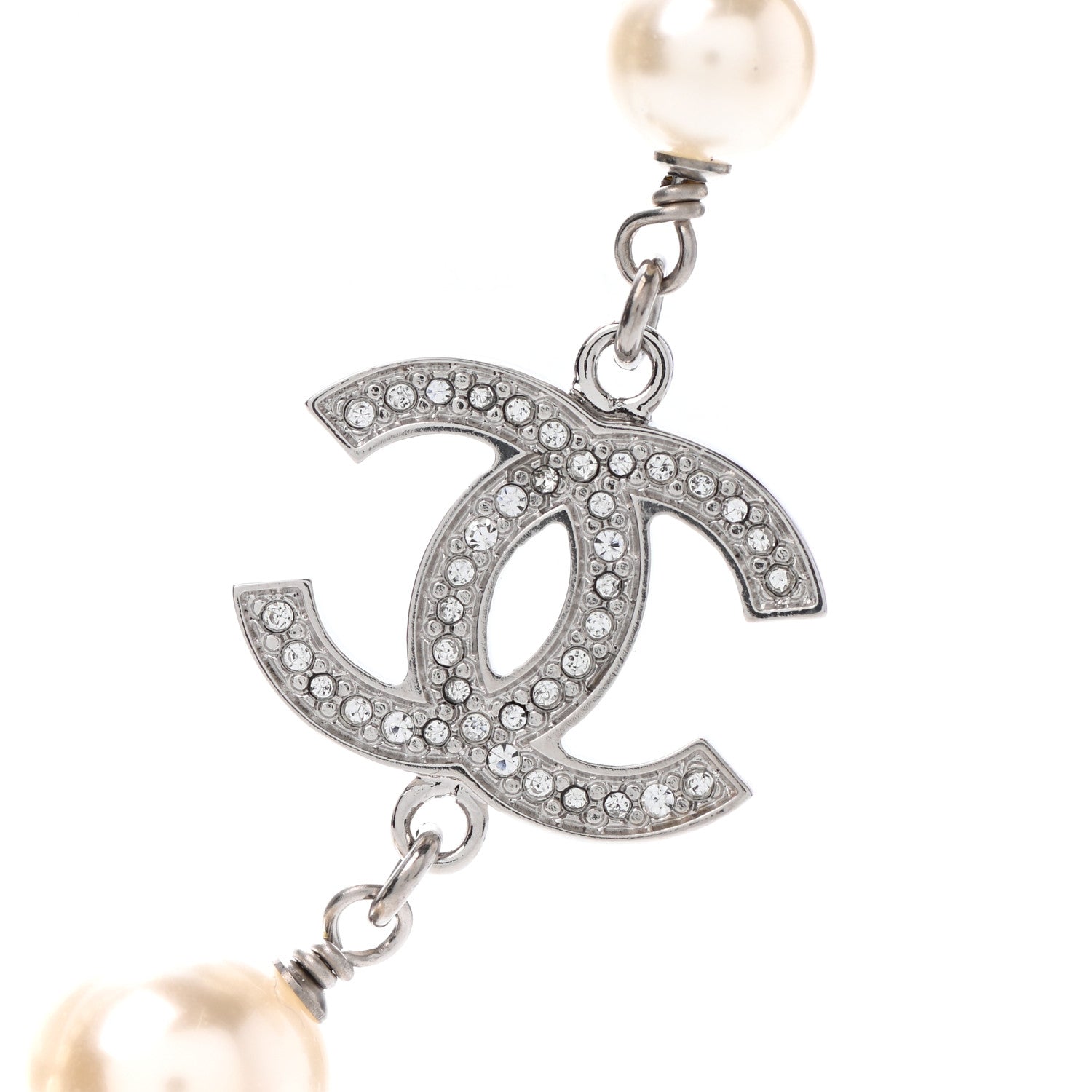 Chanel Crystal Pearl CC Long Necklace Silver 4 of 5