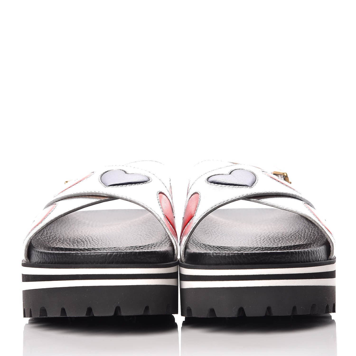 Gucci Metallic Nappa Silk Sunrise Heart Crossover Platform Lug Sole Sandals 39 Argento 2 of 7