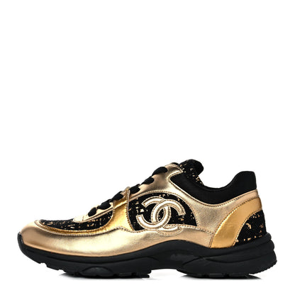 Chanel Satin Lambskin Fabric Tweed CC Sneakers 38.5 Gold Black 1 of 8
